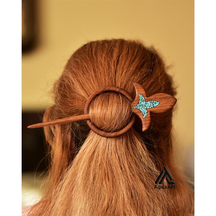 پین مو چوبی فیروزه کوبی شده طرح آلاله کد 87